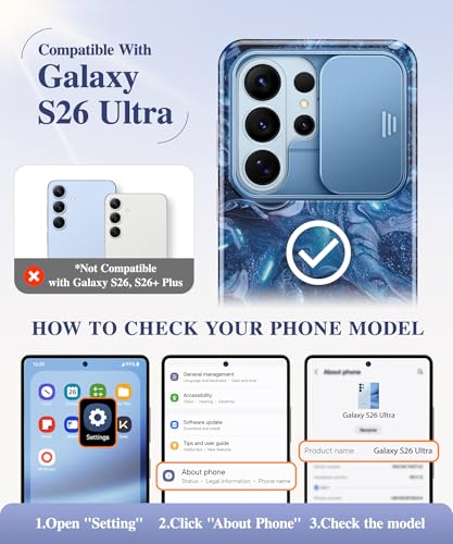 Image of GVIEWIN for Samsung Galaxy S26 Ultra Case, [Slide Camera Cover & Built-in HD Screen Protector] [2 Front Frames] Shockproof Military Grade Protective Marble Phone Case for S26 Ultra 6.9 inch (Star Abyss)