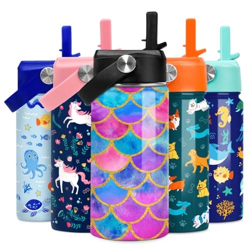 Image of SANDJEST Mermaid Water Bottle for Girls Kids Kid Insulated Water Bottles 12oz Stainless Steel Travel School Tumbler Double Wall Vacuum Cup with Straw