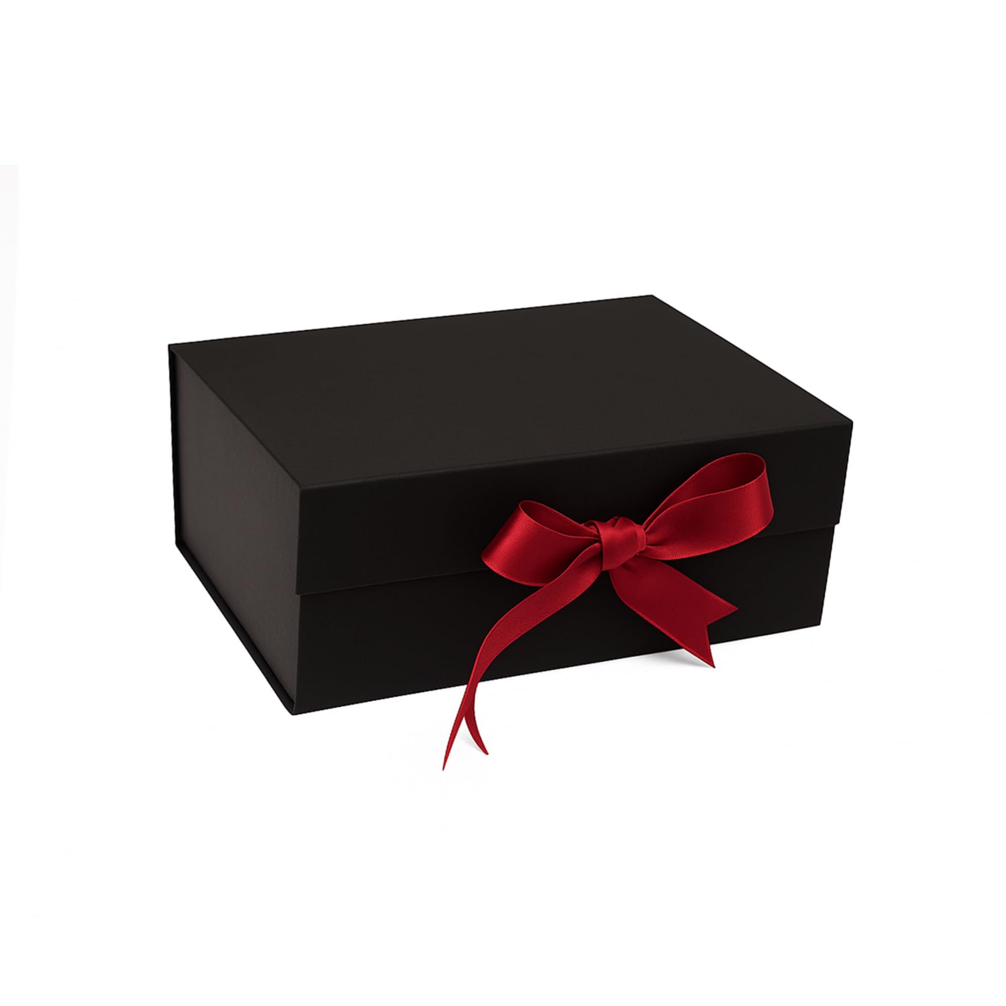 Boxotica Black Rigid Gift Box, small 23×16×10 cm – Empty Foldable Hamper Box with Fabric Matte Finish, Ribbon, Greeting Card & QR Bow Tutorial – Reusable Keepsake-Weddings, Birthdays & Return Gifts