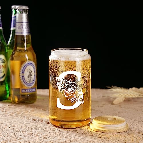 Image of Coolife Initial Glass Cup, Monogrammed Gifts for Women, 16 oz Tumbler w /Lid | Iced Coffee Smoothie Beer Tumbler w /Straw Lid - Personalized Christmas, Birthday Gifts for Woman Her Mom Friend