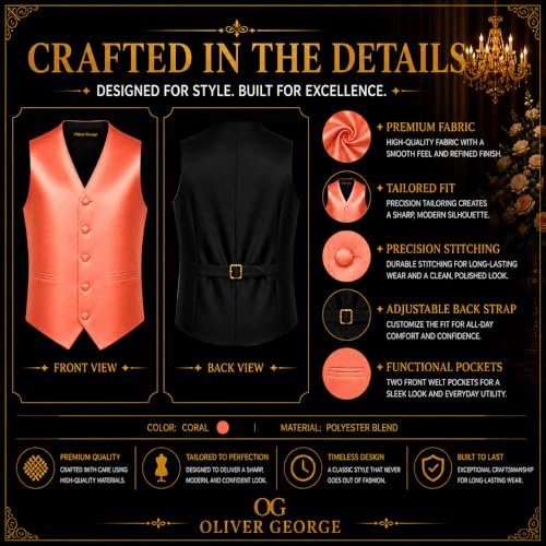 Image of Oliver George 4pc Men's Solid Formal Suit Waistcoat Tuxedo Dress Vest Necktie Bowtie Handkerchief Set for Suit or Tuxedo