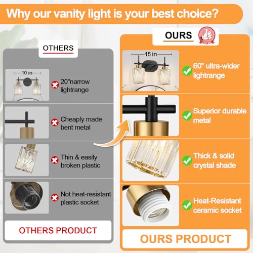 Image of Modern Crystal Bathroom Vanity Light Fixtures, 2-Light Black and Gold Bathroom Wall Sconce Lighting for Over Mirror, Clear K9 Crystal Shades, E26 Base, Bulbs Not Included