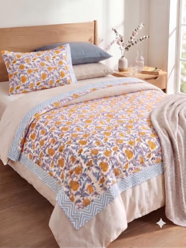 Image of Premium Bedsheet with 2 Pillow Covers I Hand Block I Pure & Soft Percale Cotton I 300 TC I 90x108 inches (King Size Double Bed Luxury Bedcover) I Floral Pattern I Sunshine Yellow
