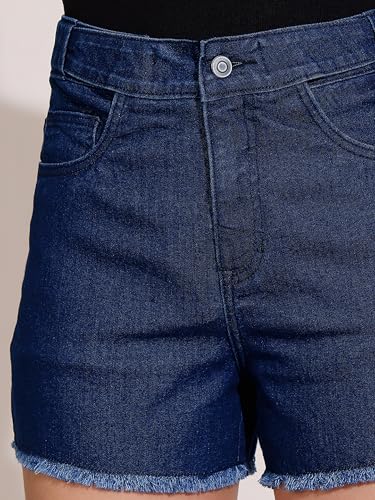 Image of Dolce Crudo Women's Relaxed Fit Mid-Rise Denim Shorts with Adjustable Waist & Frayed Hem