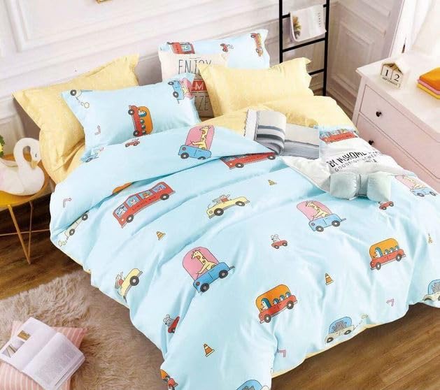 DIVINE OVERSEAS Premium Kids Bed Sheet Set Micro Fabric Cotton Feel Ultra Soft Double Bed Sheet 90 x 100 Inches with 2 Pillow Covers Light Blue Car Design Durable No Pilling No Shrinking Kids Bedding 1