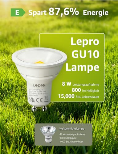 Lepro GU10 LED Warmweiss 8W Lampe, 800 lm, 2700K Warmweiß, Nicht dimmbar – Ansicht 2