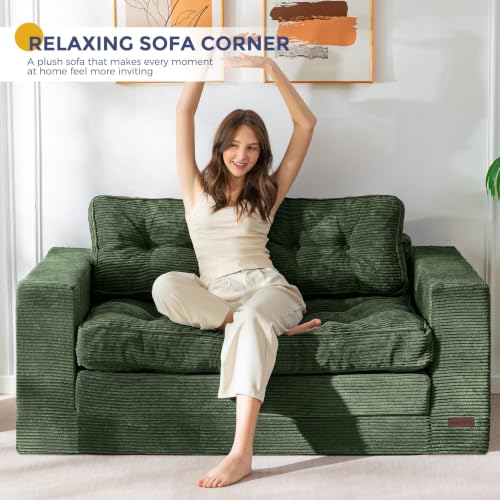 Image of MAXYOYO Convertible Sofa Bed, Pull Out Loveseat Sofa Couch, 2 in 1 Folding Couch Bed, Fold Out Floor Couch with Pillows for Living Room Bedroom Lounge, Dark Green