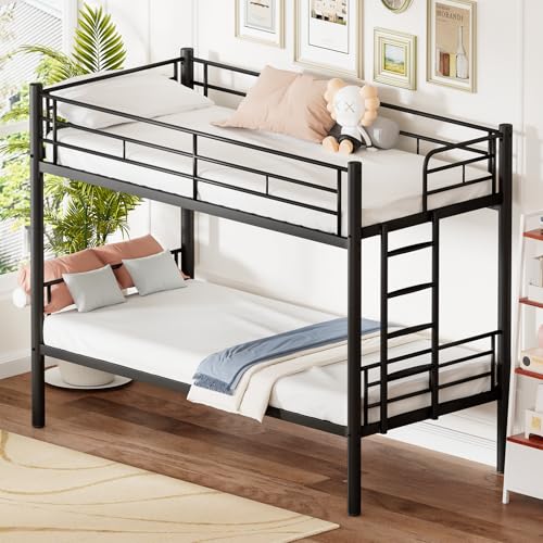 SXTXOZ Litera de metal de 90 x 200 cm, se puede dividir en dos camas individuales, litera con escalera y protección anticaídas para adolescentes y adultos, color negro