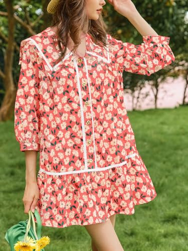 Image of Wenrine Womens Casual Shirt Dresses 3 /4 Long Sleeve Floral Button Down Flowy Babydoll Fall Mini Dress