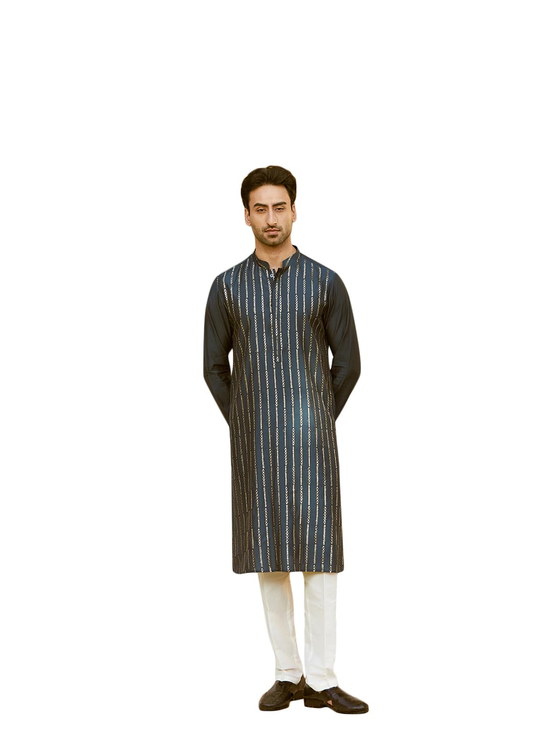 See Designs Men Full Sleeve Teal And Gold Chanderi Silk Sequins Mandarin Collar Side Slit Kurta - Sdkt2424Xl