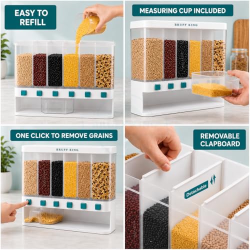 Image of 6 in 1 Wall-Mounted Grain Dispenser For Kitchen Storage Containers Organizers Box for Cereals, Pulses, Multigrain Pulses Dal Grain & Dry Food with Press Flow Control & Measuring Cup | 10 Kgs Capacity