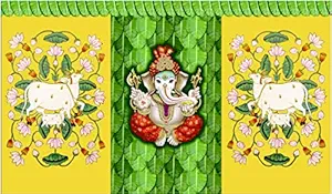 S2S Lord Ganesh with Gaumata Backdrop Curtain Cloth for Pooja Decoration/House Warming Function/Traditional, Background Decoration Cloth for Pooja,Size -5x8 (Pack of 1)