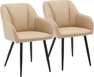 CLIPOP Juego de 2 sillas de Comedor de Piel sintética Color Crema, Silla tapizada con reposabrazos y Patas de Metal, diseño Retro, para salón, Comedor o salón