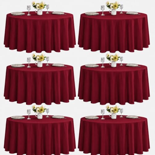 Image of 6-Pack Round 90-inch Burgundy Table Cloths, Solid Stain and Wrinkle Resistant Circular Tablecloth, Premium Plain Weave Polyester Fabric Table Linen Covers for Hotel, Banquet
