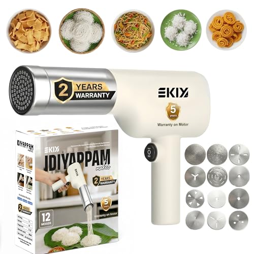 Image of EKIY Electric 12 Mould Stainless Steel Idiyappam,Noolappam,Muruke,Noodles,Pasta Maker Machine | 50Watts Power|50 Times for Full Charge| 1500Mah Type-C Cordless |Wireless Portable (12 Mould White)