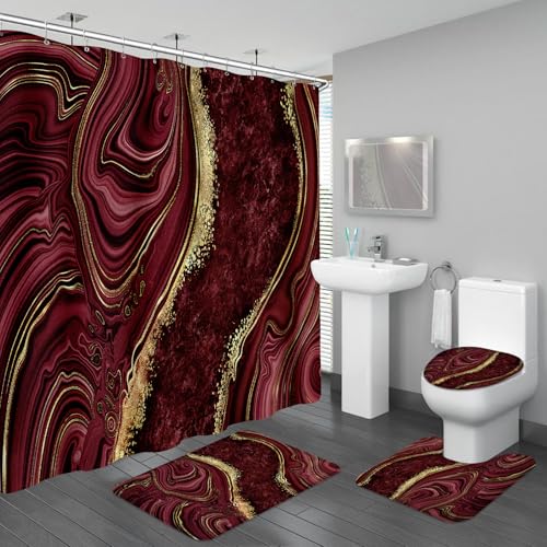 BayNook 4PCS Burgundy Red Marble Shower Curtain Sets with Rugs,