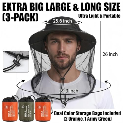 3 Paquetes de Red para la Cabeza contra Mosquitos con Cordón Ajustable, Protector de Malla para la Cara para Pesca, Camping y Actividades al Aire Libre miniatura 3