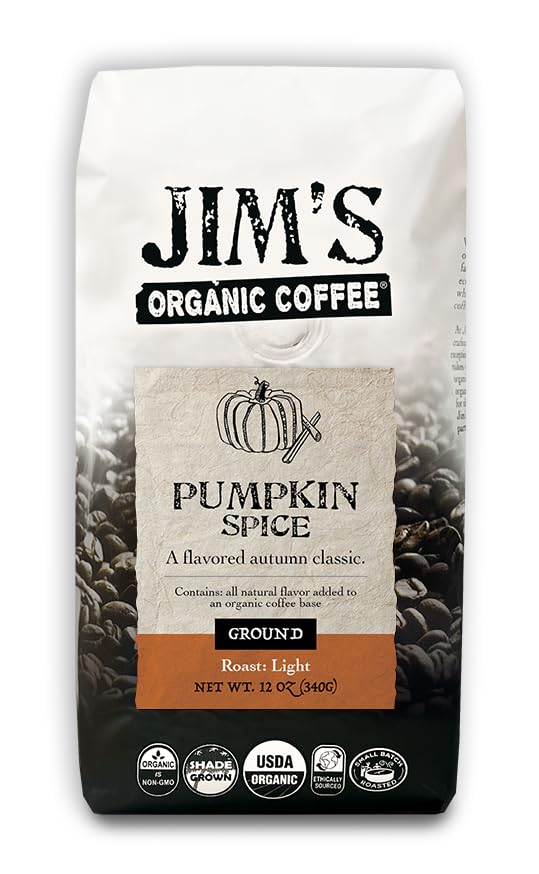 Jim’s Organic Coffee – Pumpkin Spice, All Natural Flavored Blend – Light Roast, Ground Coffee, 12 oz Bag