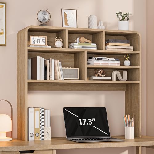 Image of 5-Tier Desk Shelf, 37.4''W Desktop Bookshelf for Computer Monitor, Desktop Organizer Shelf Storage Rack with 6 Cubbies, 5-Level Desk Hutch Display Rack for Home, Office, Dorm, Vanity, Natural