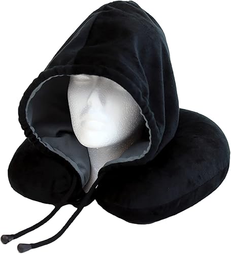 Miniatura 4 de Wolf Essentials Almohada de cuello con capucha rellena de fibra, compacta, perfecta para viajes en avión y automóvil, carbón y vino