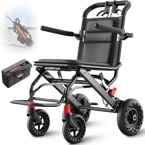 VOCIC U41 Rollstuhl Faltbar Leicht,8,6KG Aluminium Ultraleichter Reiserollstuhl,Tragbarer Transportrollstühle klappbar mit 20CM groß Honeycomb Gelände Reifen,Schmaler Rollstuhl für Wohnung |Schwarz
