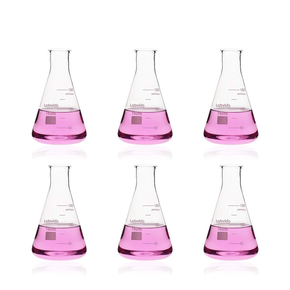 Labvida 6pcs of Narrow Mouth Glass Erlenmeyer Flasks, Vol.150ml, 3.3 Borocilicate with Printed Graduation, LVC002