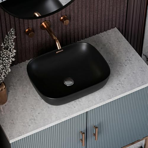Image of Designer Ceramic Wash Basin For Bathroom | Over Counter Bathroom Basin | Counter Top Bathroom Sink | Wash Basin For Restaurant, Hotel (18 x13 x 5 Inch) (13x18 Matte Black)