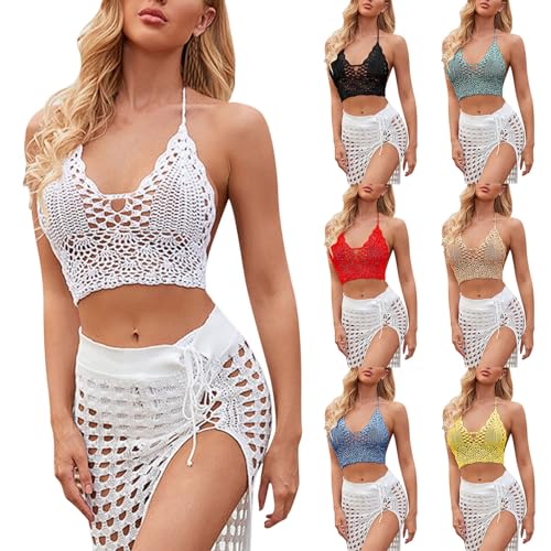Bikini Cover Up Mujer 2 Piezas Traje de Baño Conjunto Crop Top sin Mangas y Falda de Punto Vestido de Crochet Playa Traje de Baño de Punto Playa Crochet Coverups, 01 blanco, XL