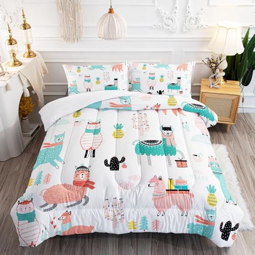Ailonen Llama Comforter Set Queen Size, Alpaca Cactus Print Bedding Set,Kids Bed In A Bag Cartoon Llama Quilt Sets,Lovely Tropical Animals Pattern Duvet Set 3 Pieces cover