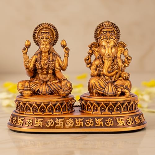 Image of Laxmi Ganesh Idol for Car Daseboard Home Temple and Office Spiritual Polyresin Dhan Sidhi Lakshmi Ganesh Murti for Pooja Diwali Gift Symbol of Wealth Wisdom Golden Finish Statue