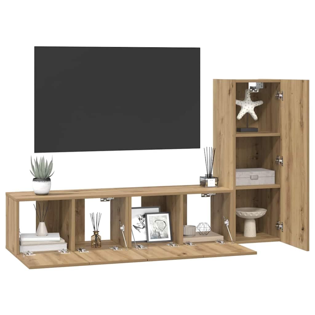 TV-Schrankset Wandmontiert 3-teilig Artisan-Eiche Holzwerkstoff, Modernes Media-Center für Wohnzimmer, Robuste Aufbewahrungslösung, 180 kg Traglast
