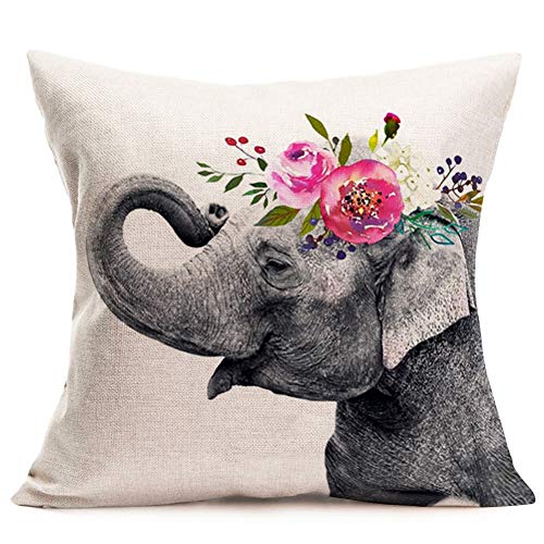 Sharej 4 Pack Cute Animals Throw Pillow Covers Elephant Zebra Head Wearing Flowers Pattern Design Cotton Linen Cushion Cases Modern Decorative For Home Sofa Bedroom Car 18"×18" #TOP4