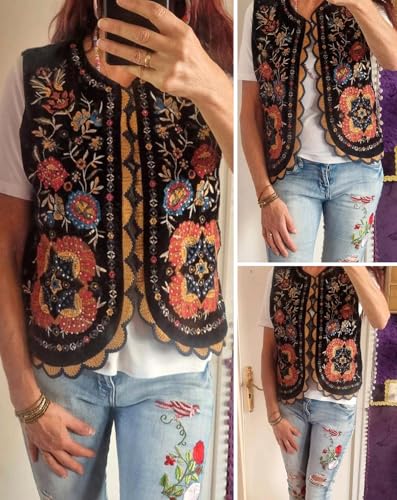hathne Floral Embroidered Vest for Women Boho Vintage Sleeveless Open Front Vests Tops Waistcoat3