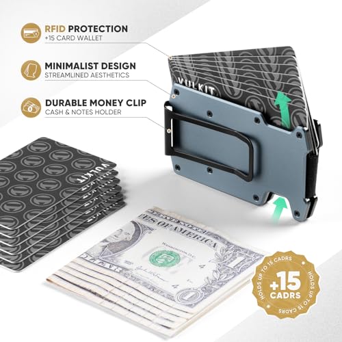 VULKIT Men's Minimalist Wallet RFID Blocking Metal Wallet with Money Clip Holds Up to 15 Cards2