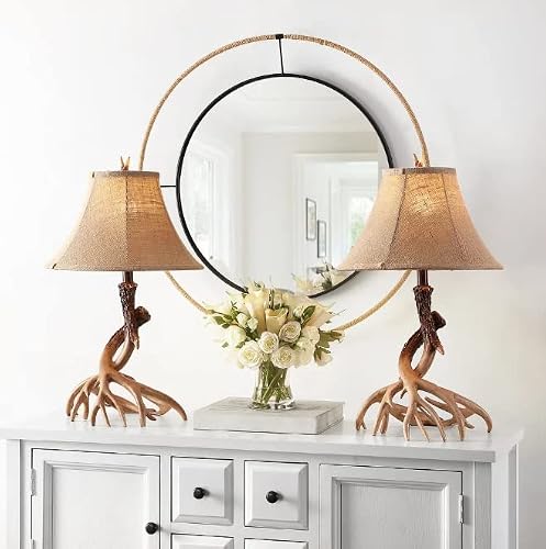 25" Deer Antler Lamp Set Of 2, Brown Realistic Faux Antlers Base Desk Table Light Animal Horns Theme, Rustic Log Home Lodge Cabin Nature Outdoors Inspired Accent Decor Beige Cotton Empire Shade, Resin #TOP29