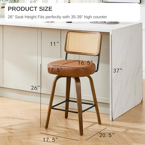 Image of Swivel Bar Stools Set of 2, 26 inch Upholstered Counter Height Bar Stools with Back and Walnut Wood Legs, Faux Leather Barstools for Kitchen Counter, Rattan Brown