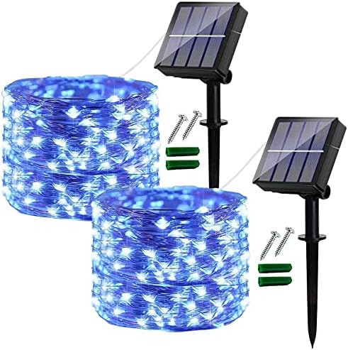 Solar String Lights Outdoor, 2 Pack 120LED Solar Garden Lights Waterproof, 14M/46Ft 8 Modes Indoor/Outdoor Fairy Lights Copper Wire Decorative Lighting for Patio, Yard, Party, Wedding (Blue)