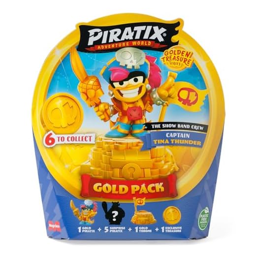 PIRATIX, ADVENTURE WORLD Serie Golden Treasure –Gold Pack The Champs Crew. Incluye 5 Piratix sorpresa, 1 tesoro exclusivo, 1 bandera exclusiva, 1 podio, 6 accesorios y el capitán dorado King Hat Trick
