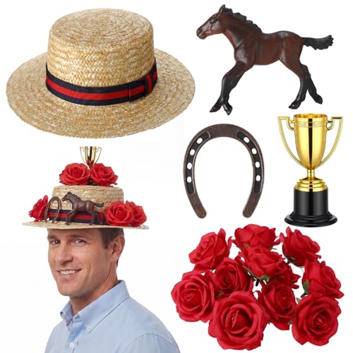 Glitopper Mens Derby Hat Decorating Kit with Straw Boater Hat Artificial Red Roses Horse Figurine Horseshoe & Trophy for Horse Racing Parties Run for The Roses Events Festival Celebrations