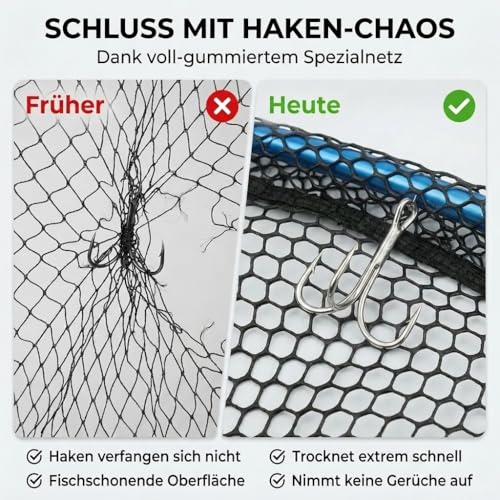 Angelkescher Gummiert Teleskop 230cm Klappbar mit Tragetasche und Maßband | Extra stabile Easy Clip Verbindungen | Teleskop Kescher Angeln Gummiert für alle Fischarten Kescher Gummiert ausziehbar