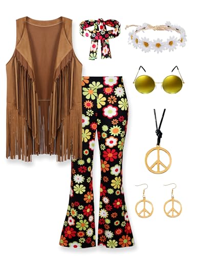 CICOCI 60s 70s Outfit For Women Hippie Costume 8pcs Fringe Vest Flared Pants Costume Peace Sign Necklace Earrings