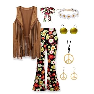 60s 70s Outfit For Women Hippie Costume 8pcs Fringe Vest Flared Pants Costume Peace Sign Necklace Earrings