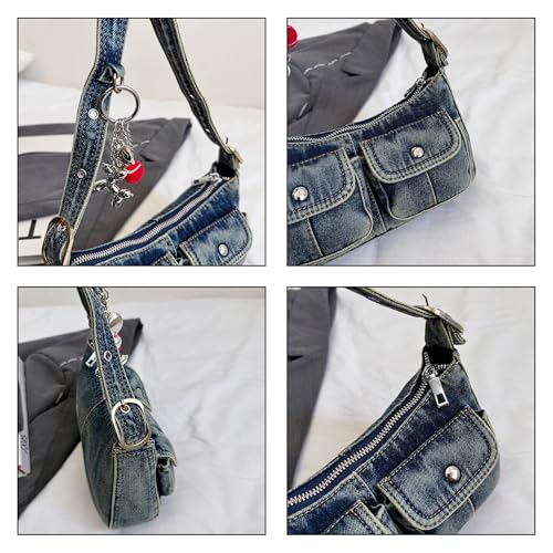 Y2k Vintage Denim Crossbody Bag for Women, Adjustable Strap Small Hobo Purse with Zipper Closure,Multiple Pockets Handbag3