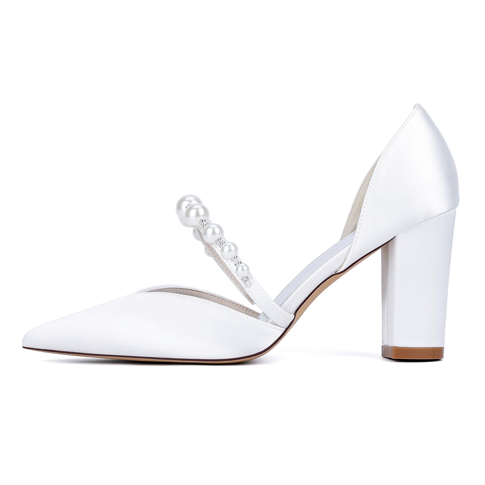 Frauen Geschlossene mit Perle Knöchelriemen Spitze Zehen Hochzeitsschuhe Blockabsatz Kleid Pumps Satin Party Brautschuhe