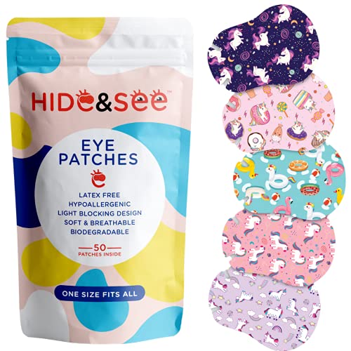 Image of HIDE&SEE Kids Skincare Eye Patches - Lazy Eye & Amblyopia Treatment (Unicorn World) - Hypoallergenic, Fun & Comfortable (50 Pack)