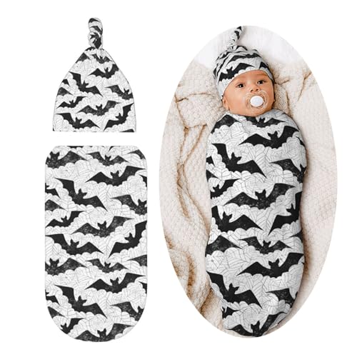 Image of Black Bat Goth Baby Stuff Newborn Baby Swaddle Blanket Gothic Wrap Blanket Soft with Beanie Hat Sets Gifts for Infant Boys Girls