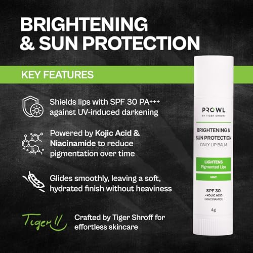 Image of PROWL by Tiger Shroff Lipbalm For Men Brightening Dark Lips with Kojic Acid & Niacinamide | SPF 30 PA+++ Daily Lip Balm For Lightening Pigmented Dry Lips | Pigmentation Removal Care | Mint, 4g