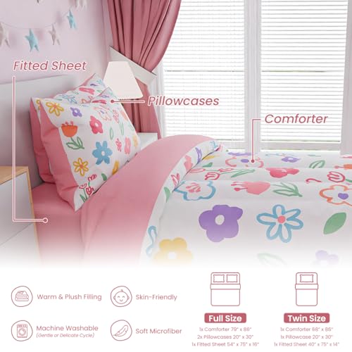 Image of SANDJEST Floral Twin Bedding Sets for Girl, Ultra Soft Microfiber Comforter Bed Set with 3-Pieces, Flower Comforters Sets for Kids Children Girl Teen Tween Bedroom Decor