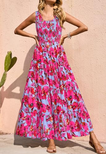 Image of PRETTYGARDEN Smocked Tank Floral Maxi Dresses for Women 2026 Wedding Guest Dress Sleeveless Flowy Long Sundress with Pockets