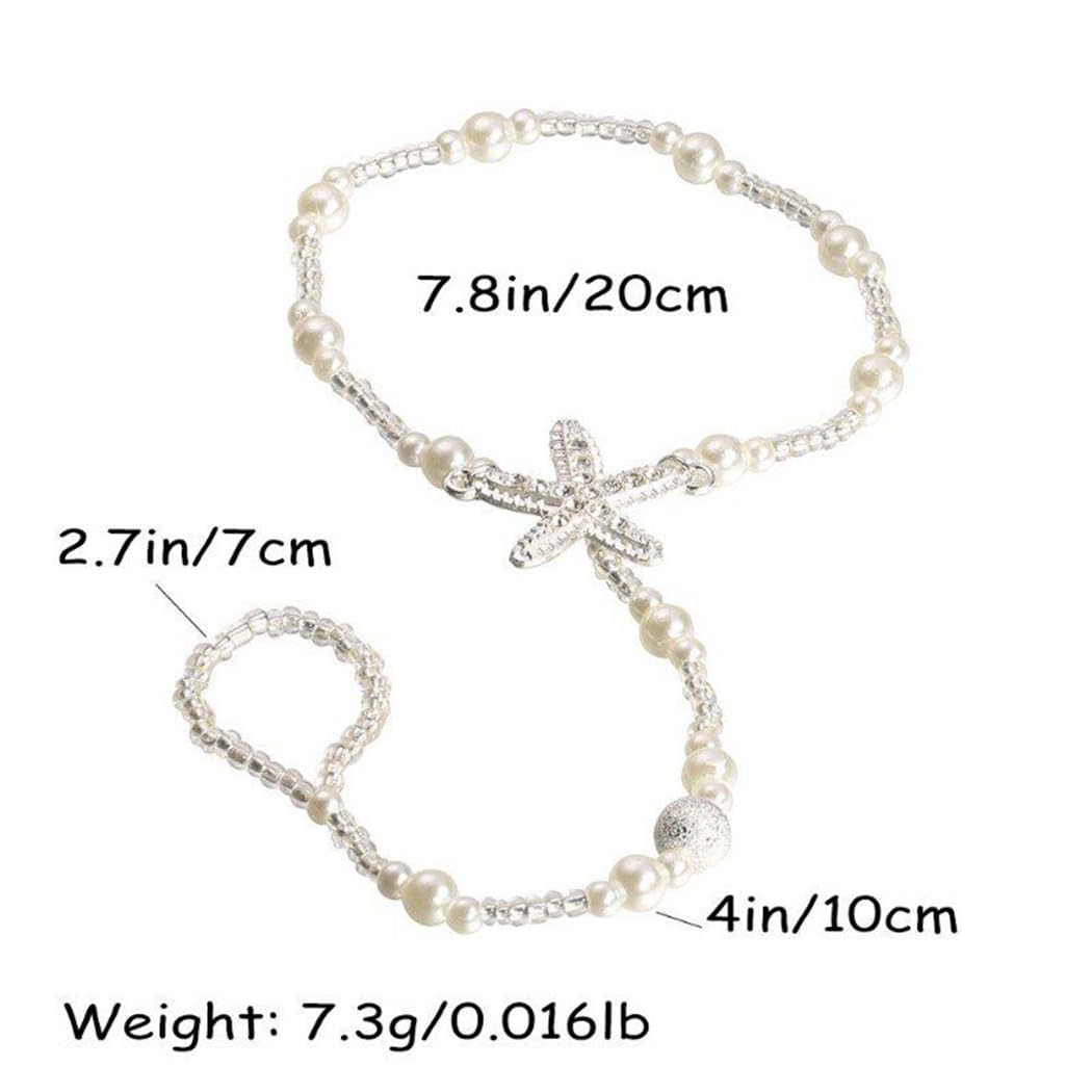 Sandalias tobilleras descalzas con punta de perla, sandalias estilo bohemio con cuentas, tobillera para playa, anillo de boda, accesorios de cadena de pie para mujer, 2 unidades, Talla única 4